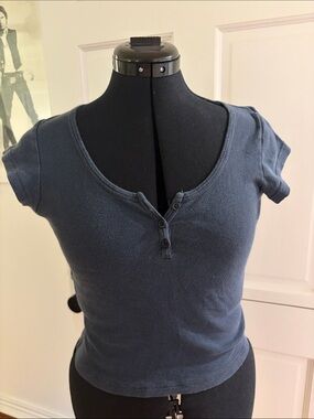 Brandy Melville Navy Scoop Neck Henley Crop Top